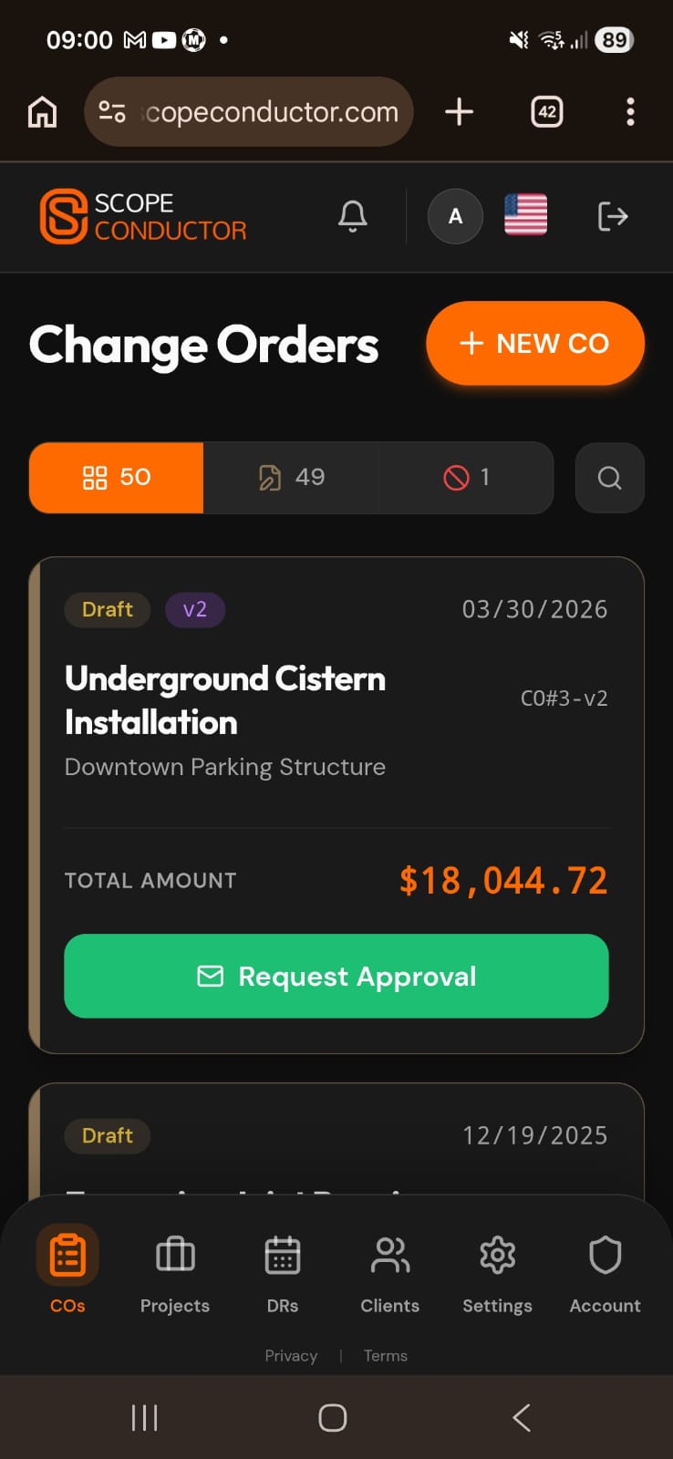 Change Orders dashboard
