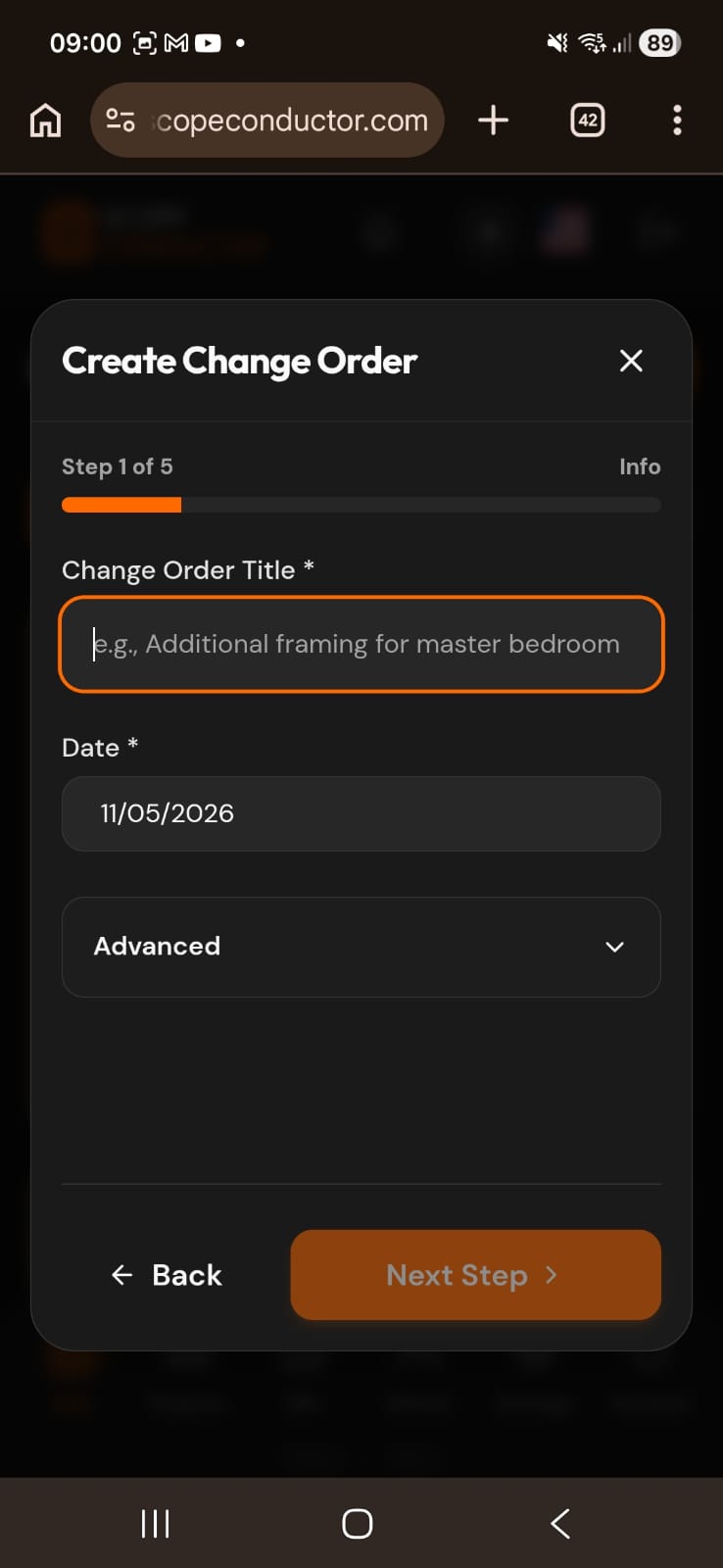 Change Order creation — voice and title step