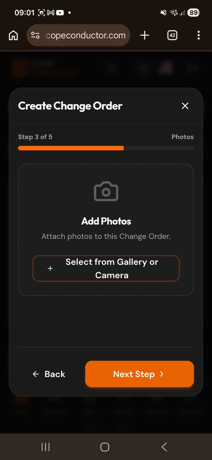 Scope Conductor wizard on a phone: attaching photo evidence to a Change Order