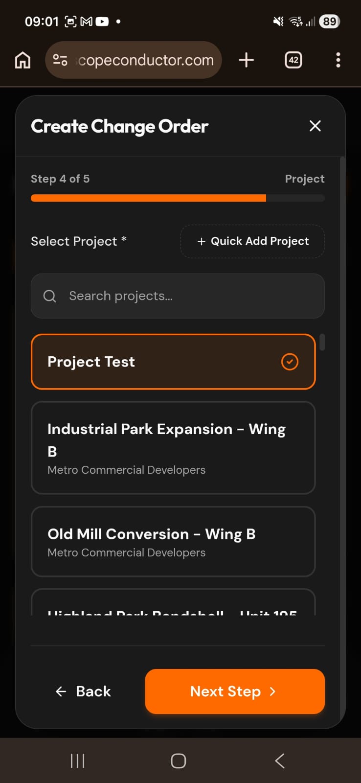 Change Order creation — project step