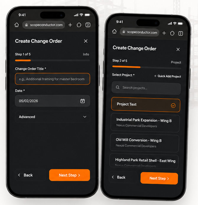 The five steps from voice update to Change Order, with the Scope Conductor wizard shown on two phones
